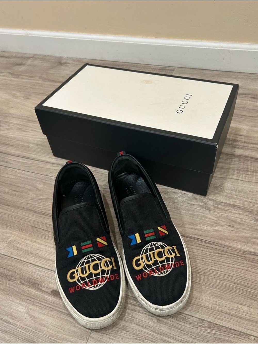 Gucci Black Slip-On Loafers with Multicolor Embroidered Logo